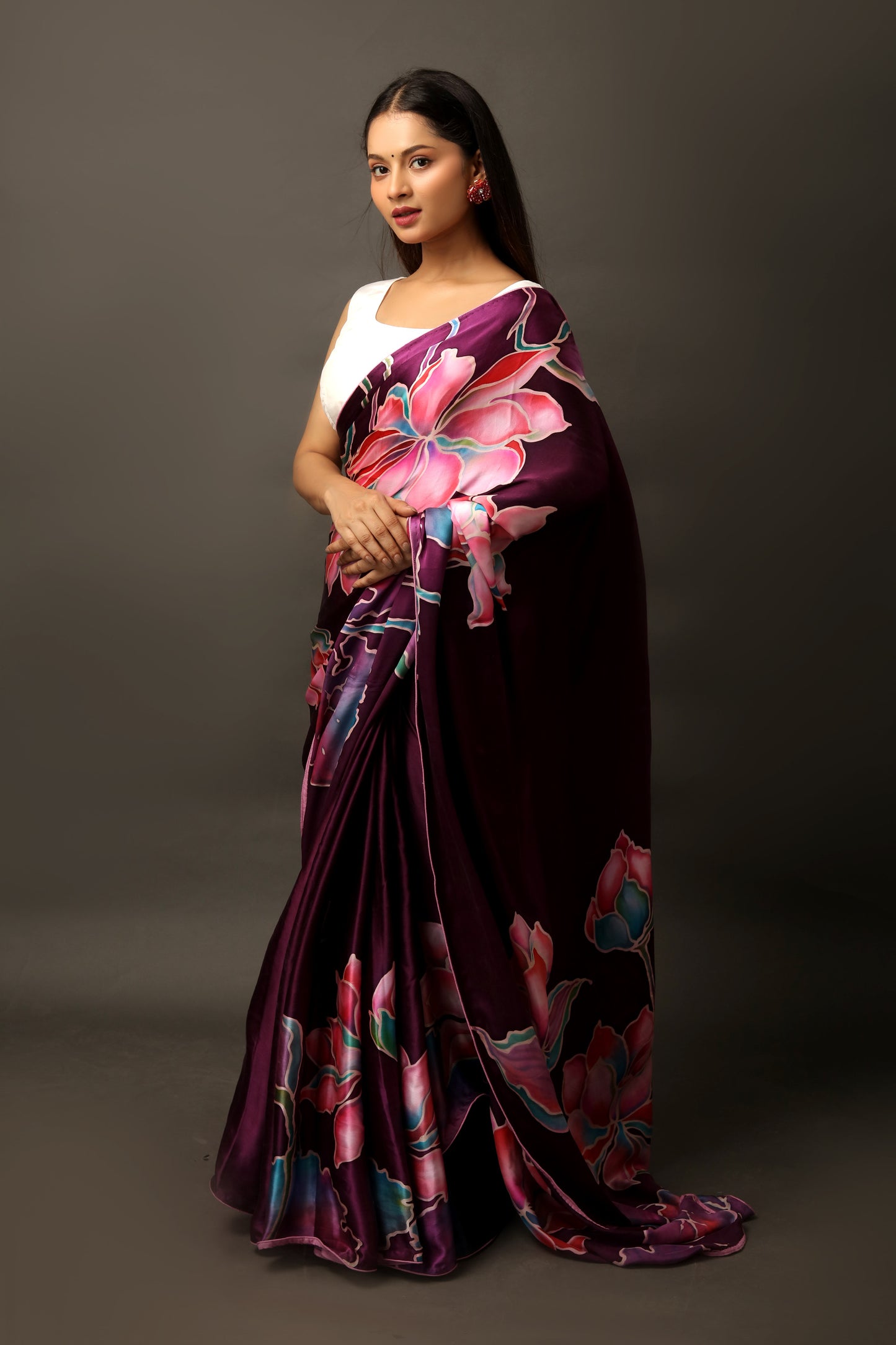 Dark Wine Mulberry Silk Satin Saree Set