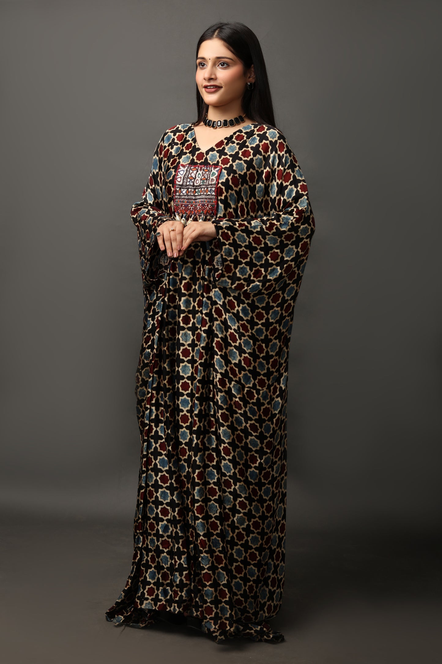 Ajrakh Printed Kaftan with Kutchi Embroidery