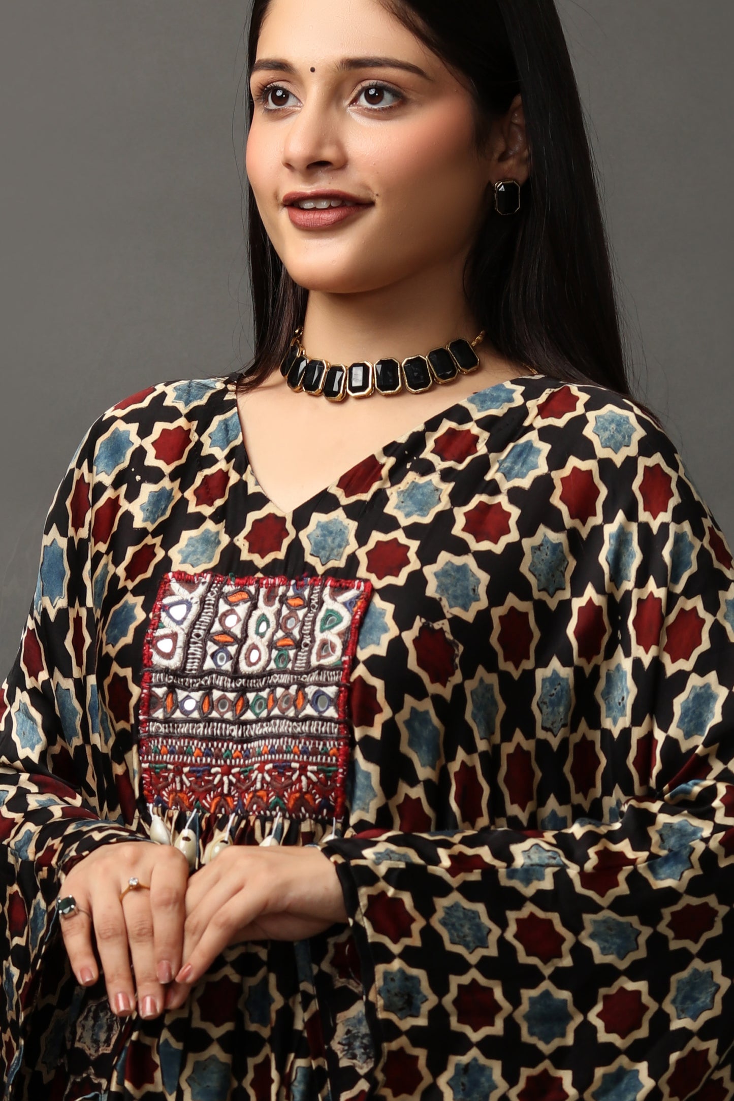 Ajrakh Printed Kaftan with Kutchi Embroidery