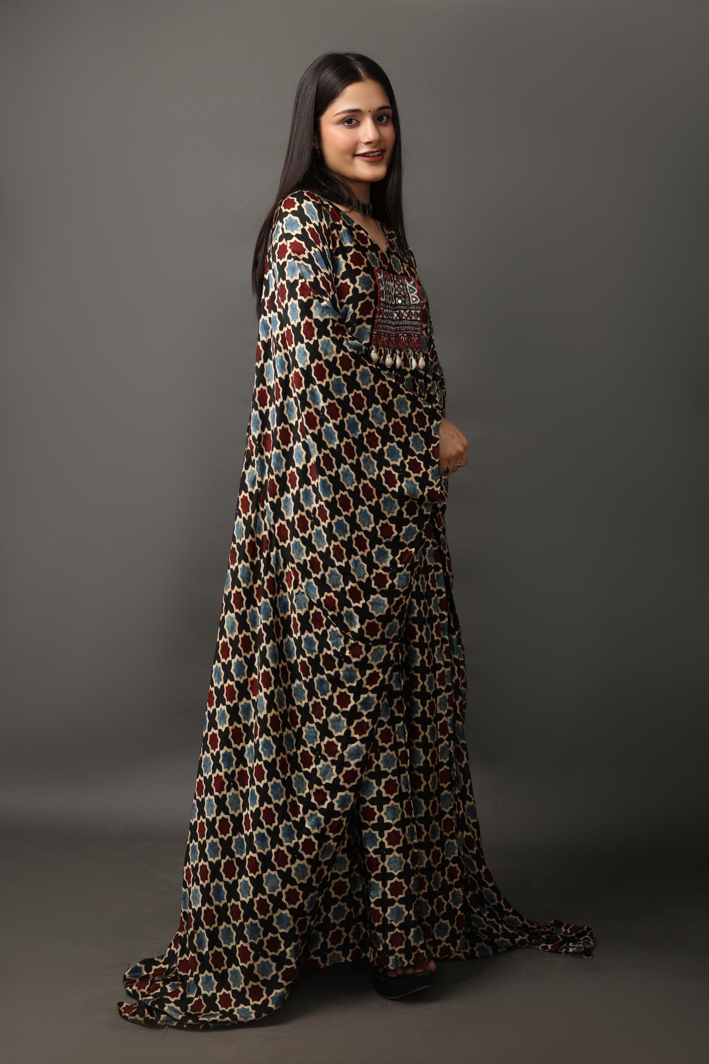 Ajrakh Printed Kaftan with Kutchi Embroidery