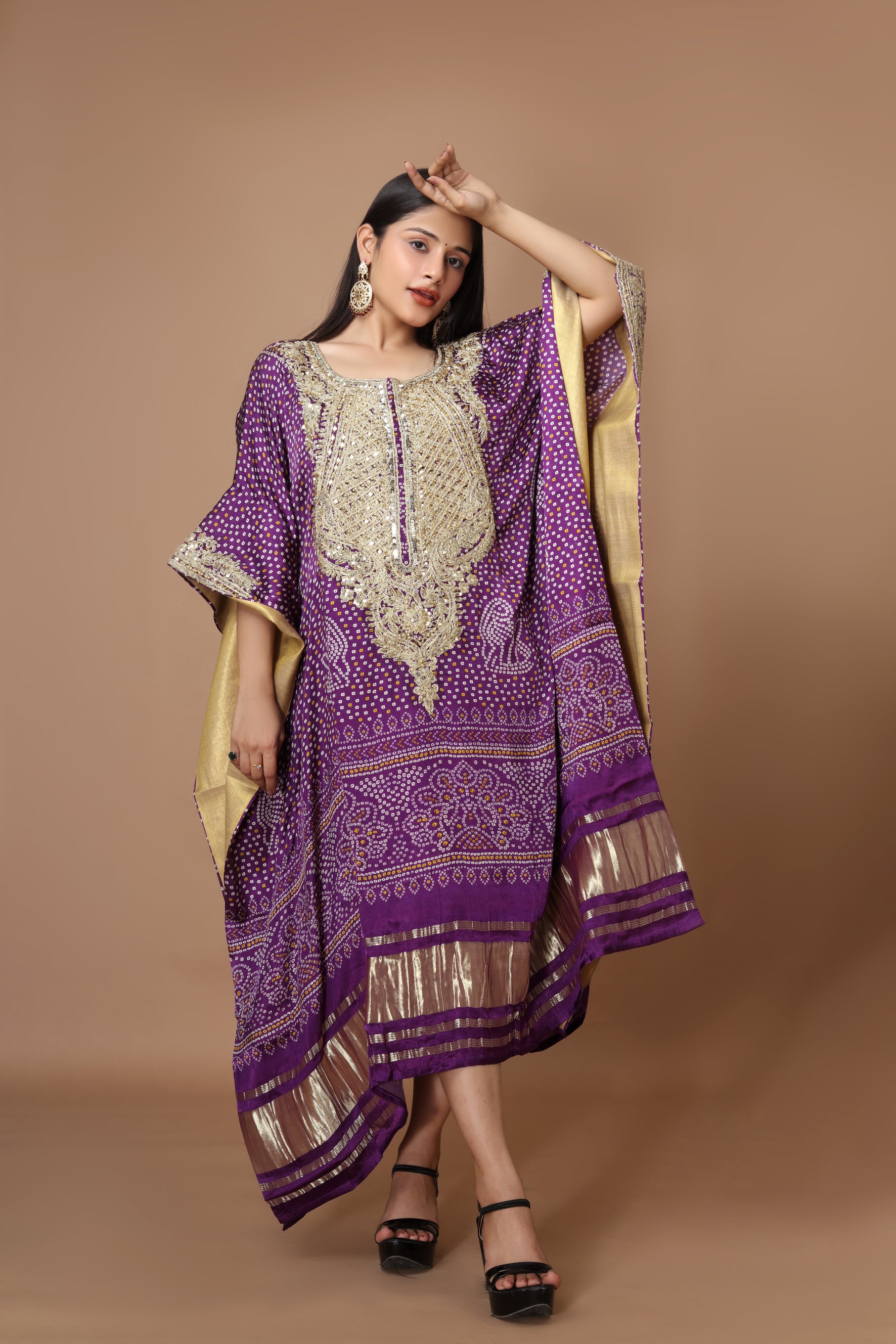 Purple Modal Silk Bandhni Printed Kaftan with Zari Dori & Hand Embroid LabelPriyankaJha Purple Modal Silk Bandhni Printed Kaftan with Zari Dori & Hand Embroid LabelPriyankaJha