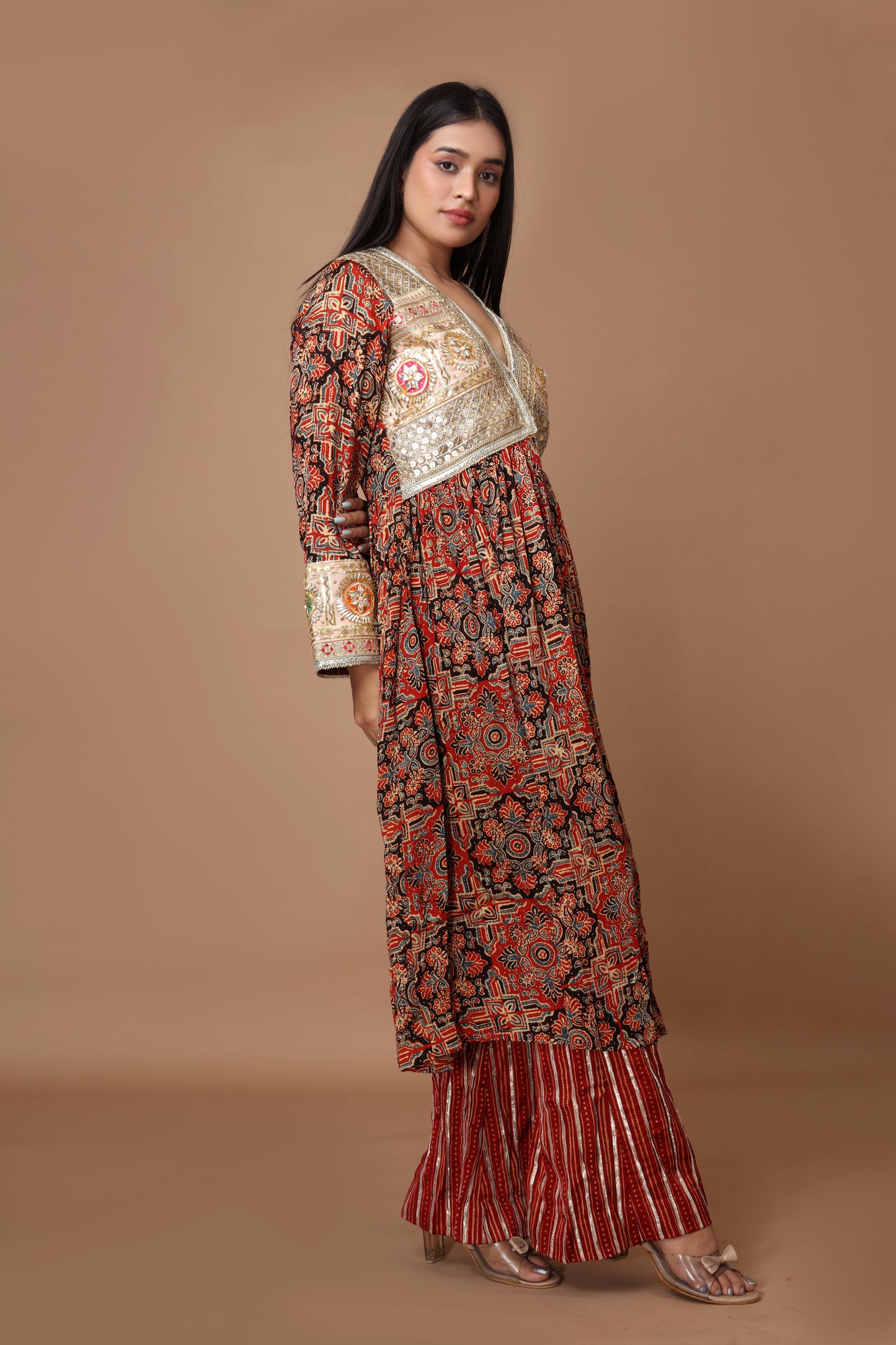 Earthy Red Ajrakh Jacket Set with Hand Embroidered Gota Patti.