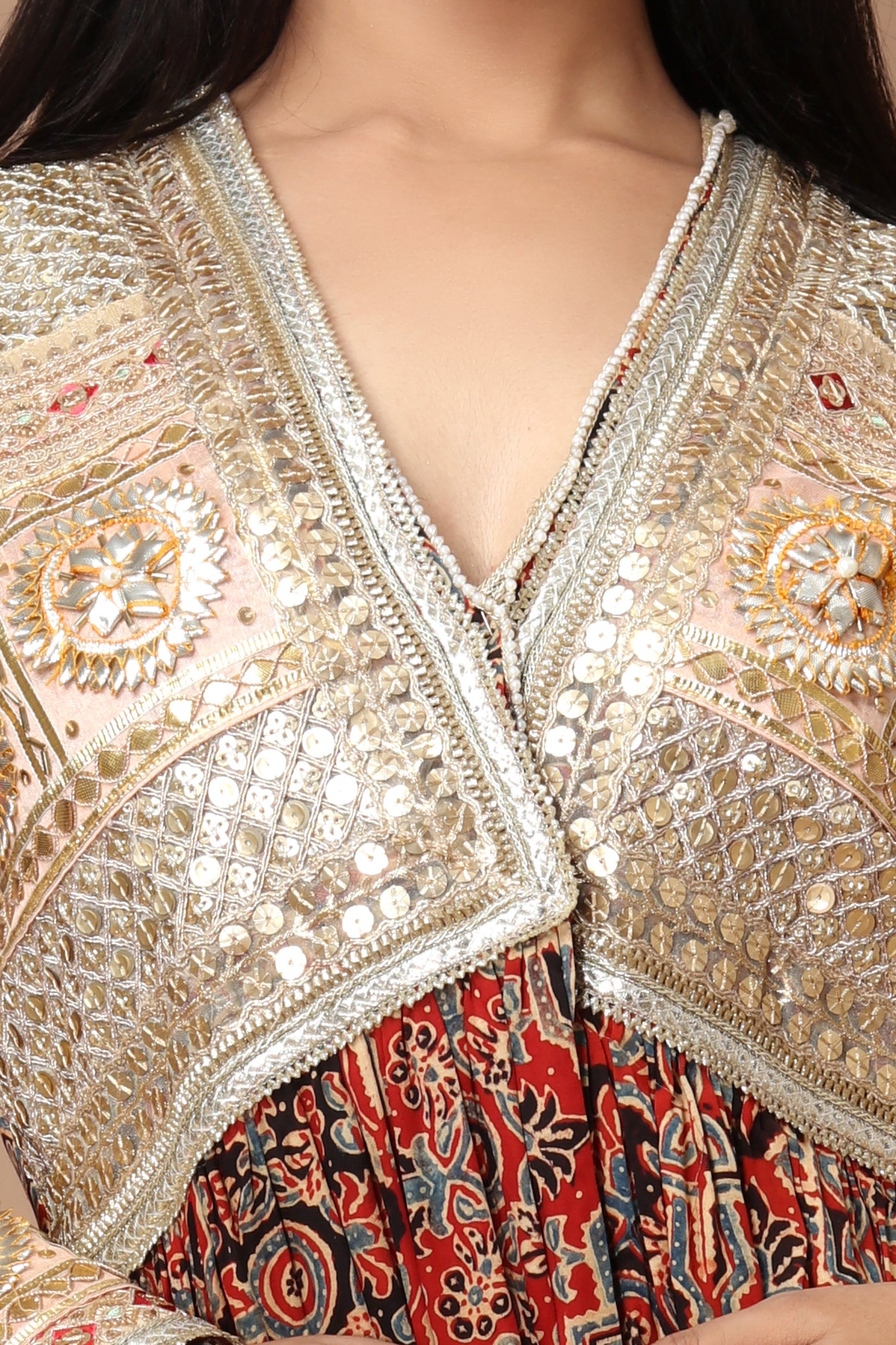 Earthy Red Ajrakh Jacket Set with Hand Embroidered Gota Patti.