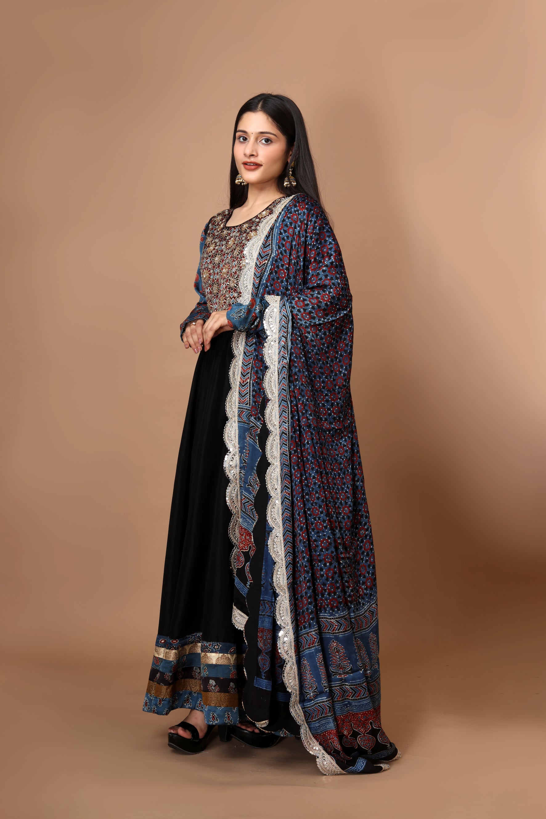 Black Silk Anarkali Gown with Ajrakh Embroidery & Hand Block Printed D LabelPriyankaJha Black Silk Anarkali Gown with Ajrakh Embroidery & Hand Block Printed D LabelPriyankaJha