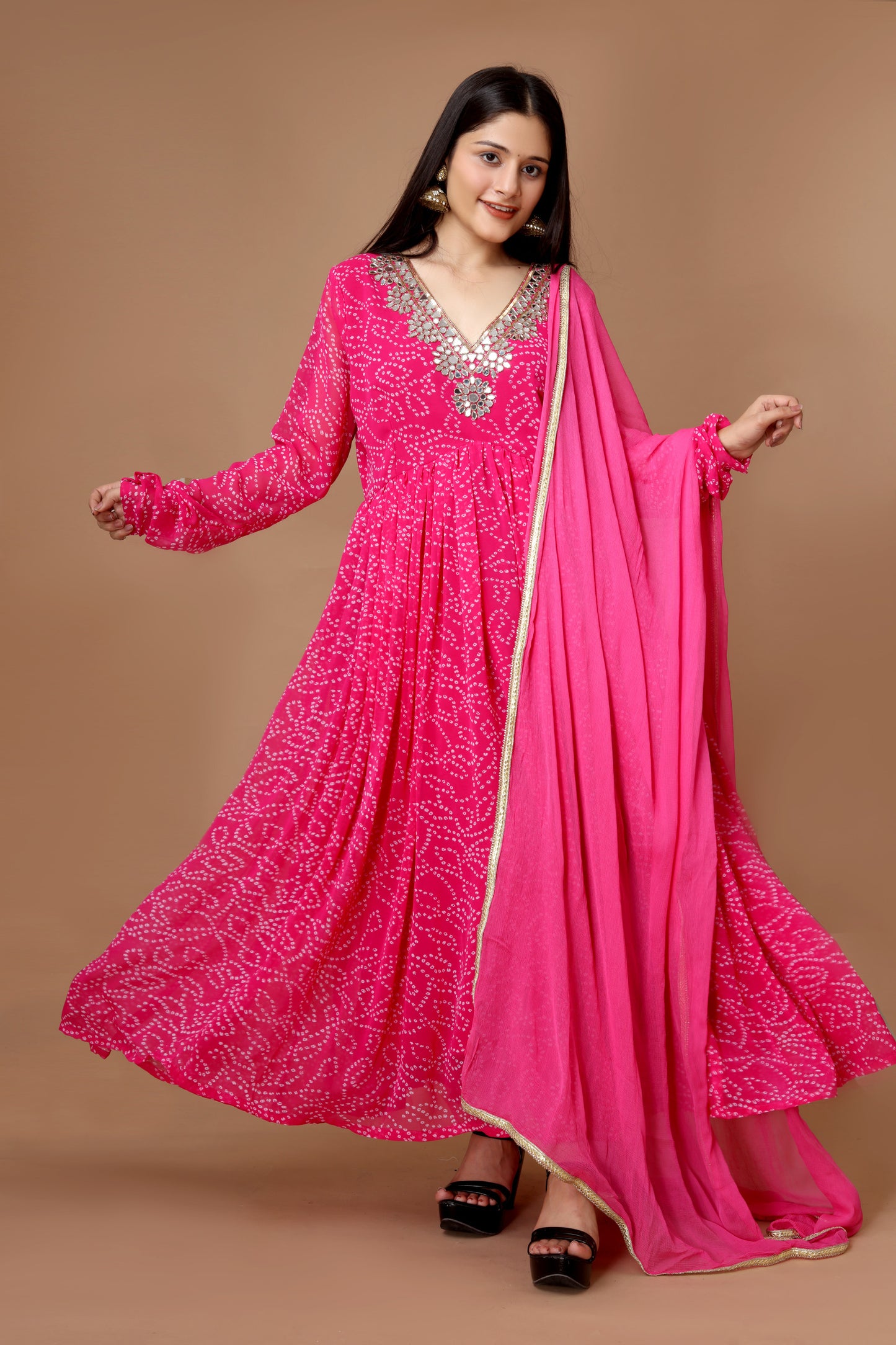Hand-Embroidered Fuchsia Pink Anarkali with Crepe Churidar & Siffon Dupatta