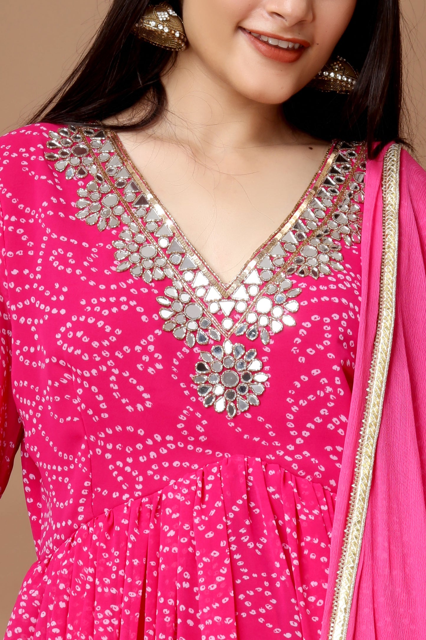 Hand-Embroidered Fuchsia Pink Anarkali with Crepe Churidar & Siffon Dupatta