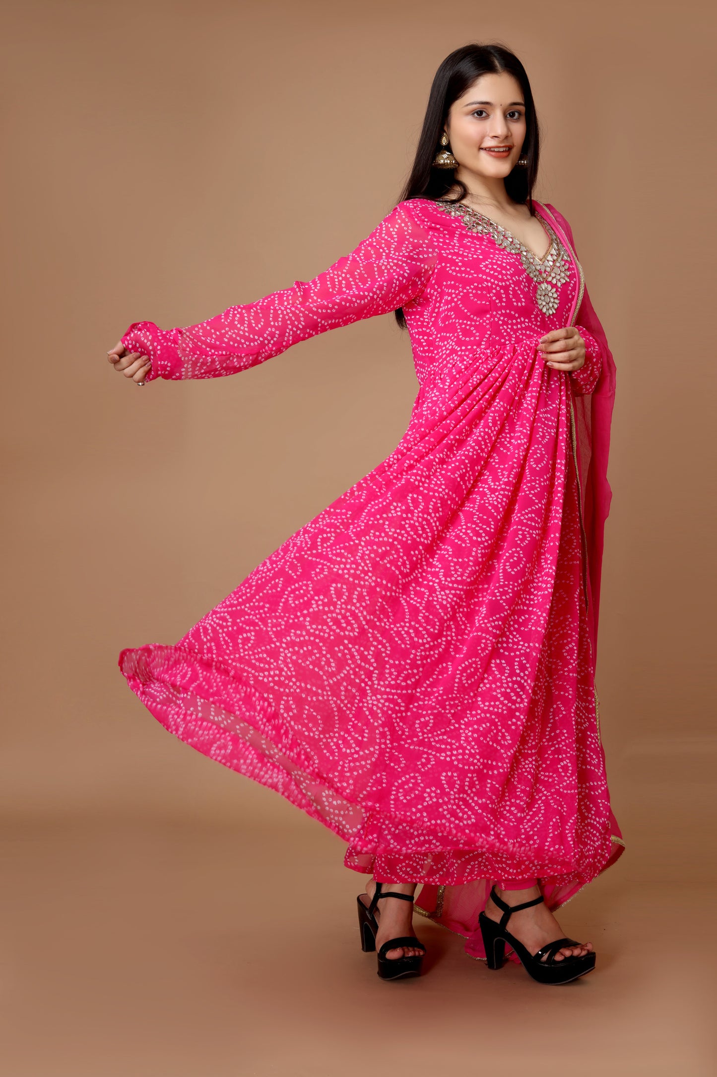 Hand-Embroidered Fuchsia Pink Anarkali with Crepe Churidar & Siffon Dupatta