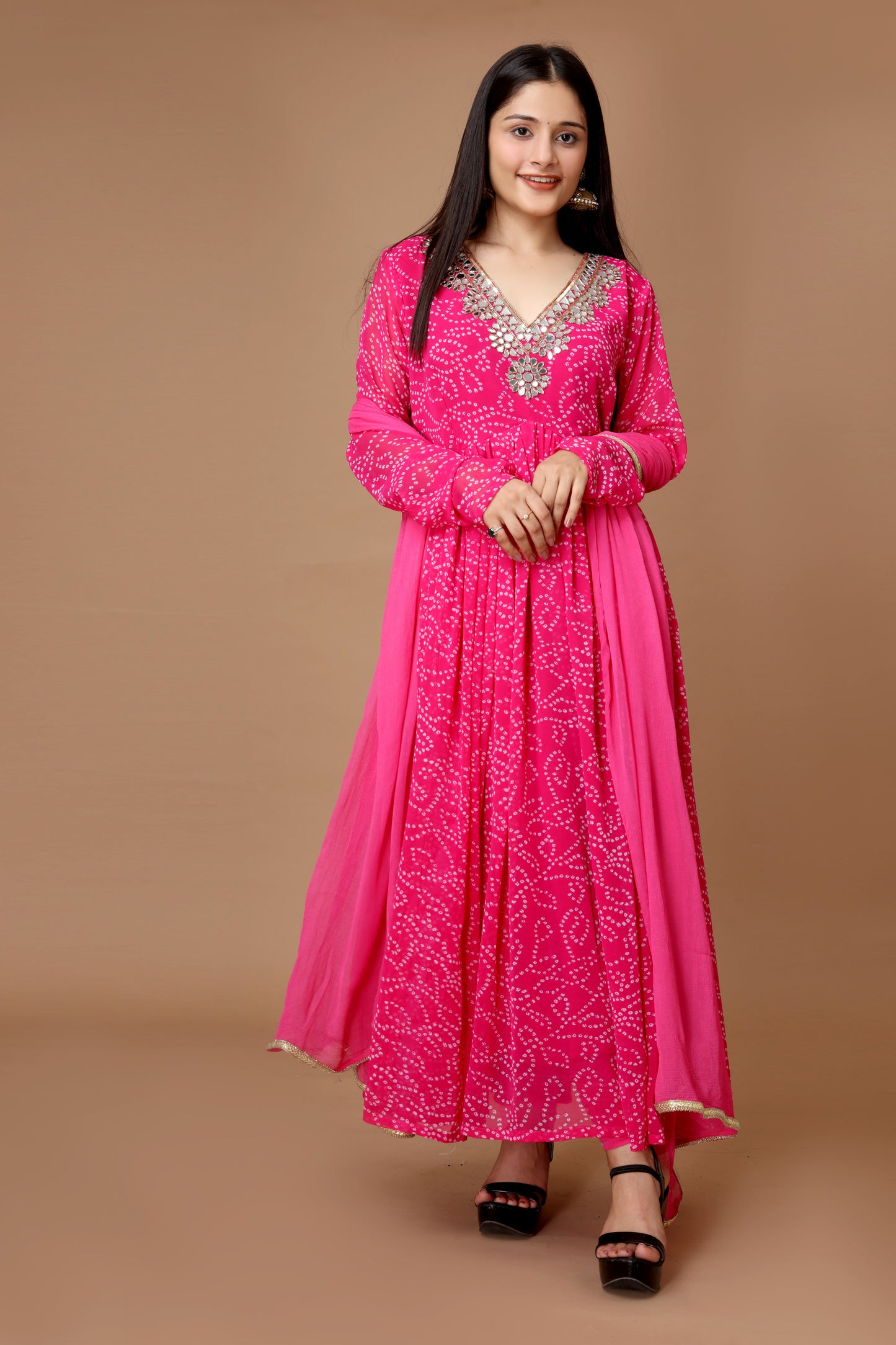 Hand-Embroidered Fuchsia Pink Anarkali with Crepe Churidar & Siffon Dupatta