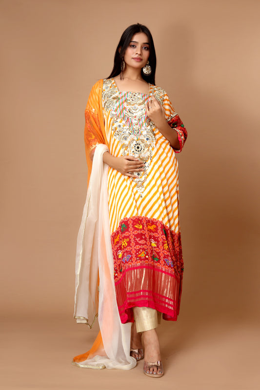 Off-White Modal Satin Kurta Set with Hand-Embroidered Mirror Work & Chiffon Dupatta