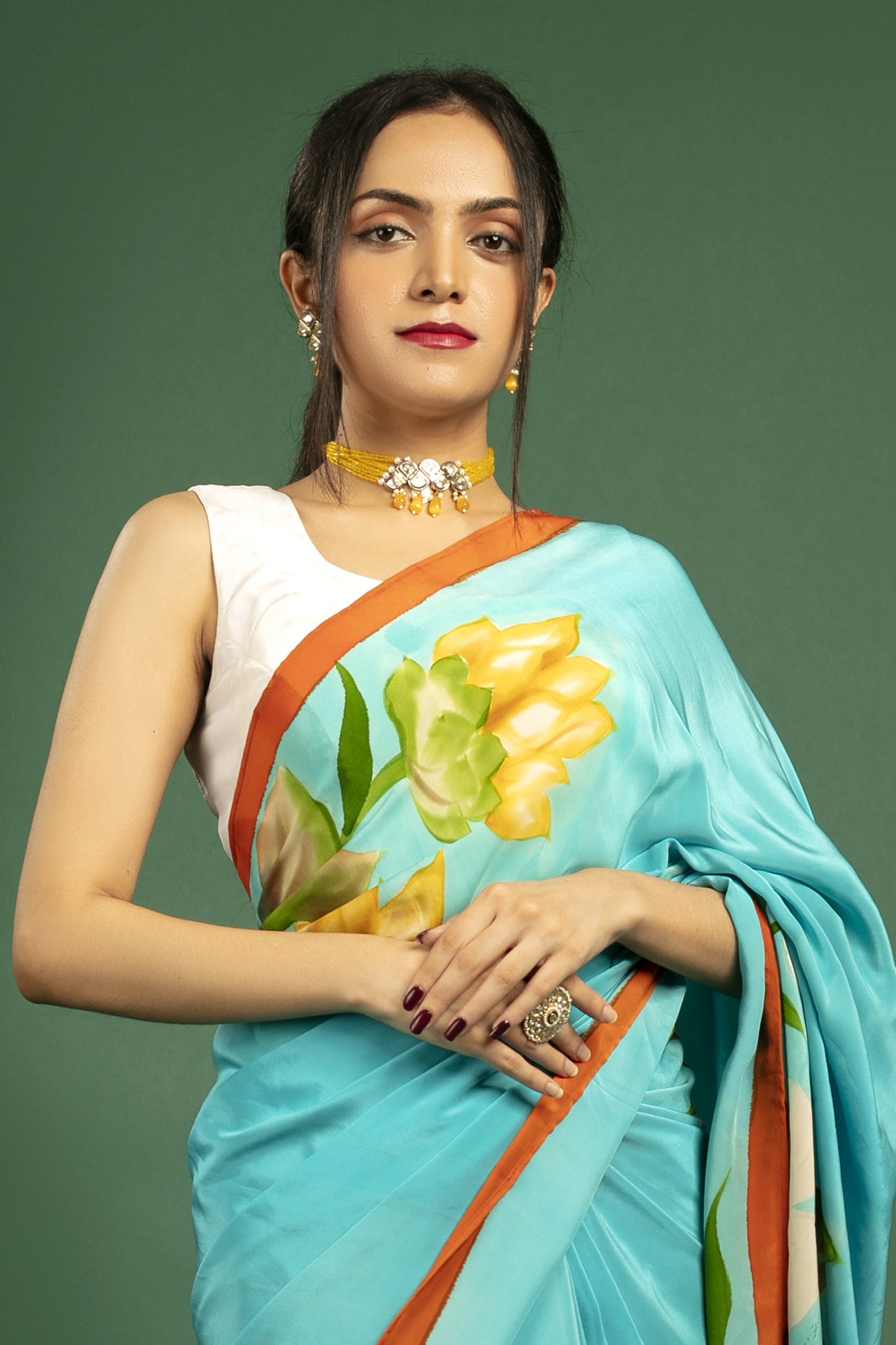 Turquoise Blue Mulberry Silk Crepe Saree