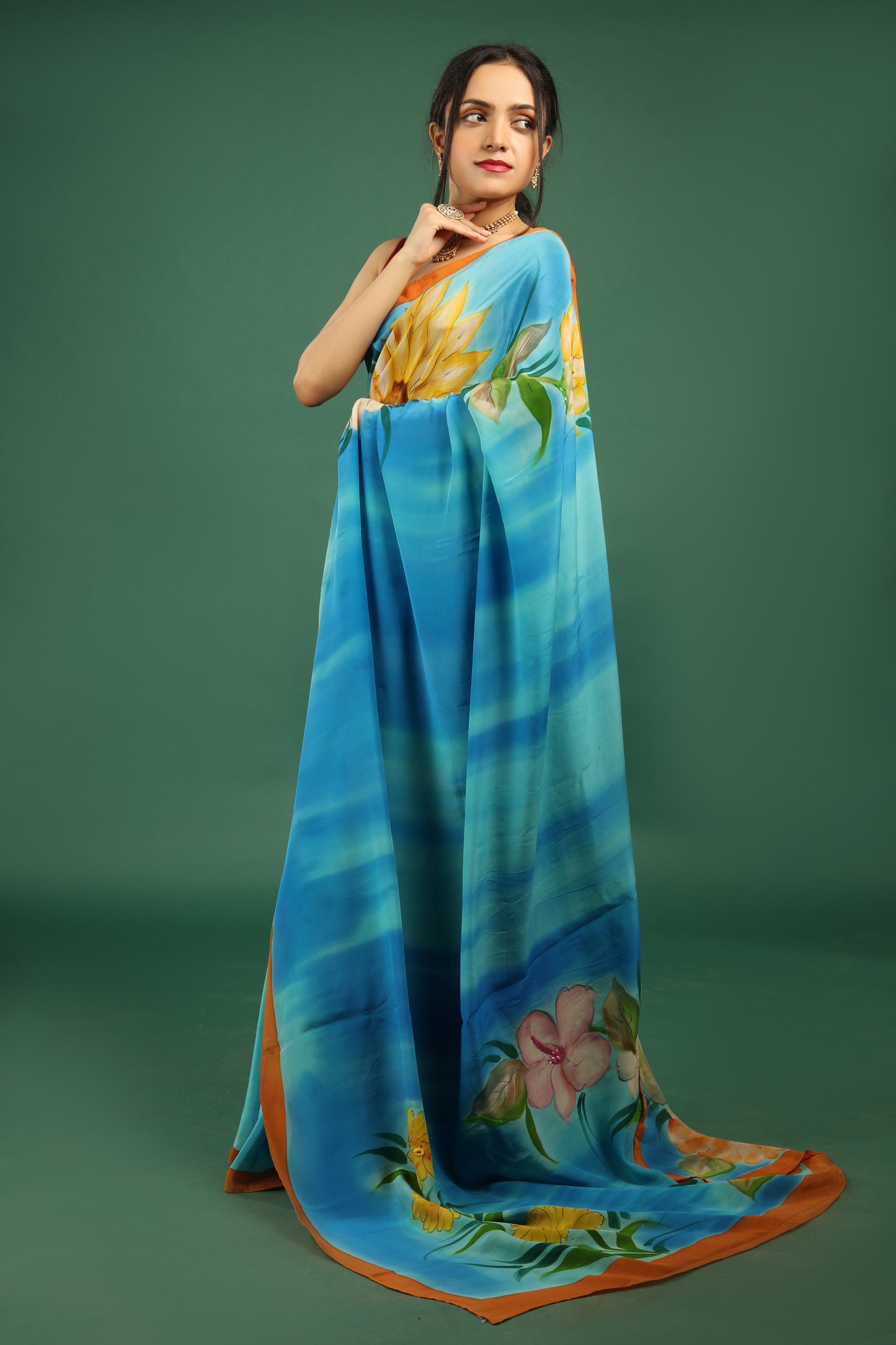 Turquoise Hand Painted Silk Crepe Saree