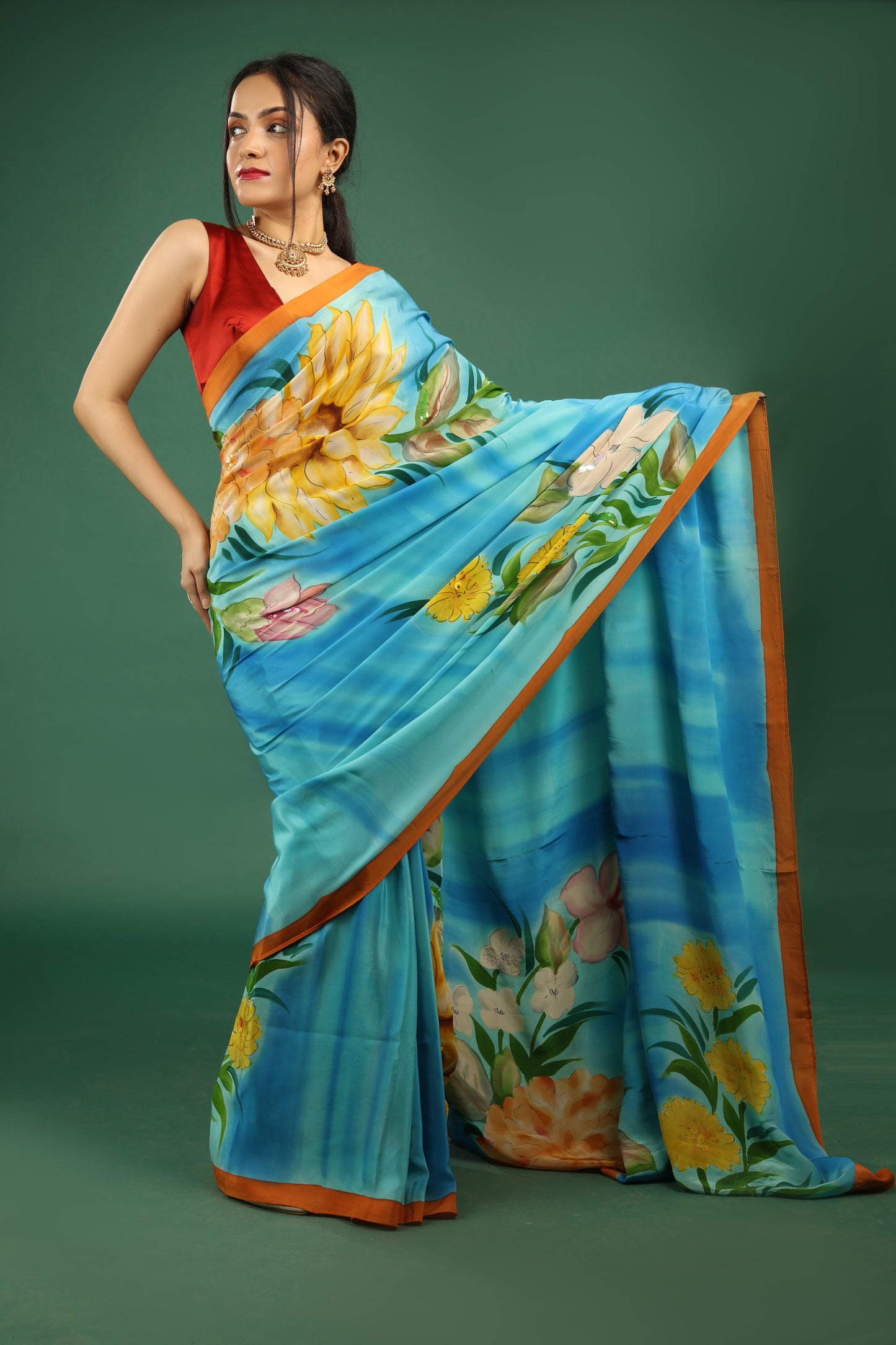 Turquoise Hand Painted Silk Crepe Saree