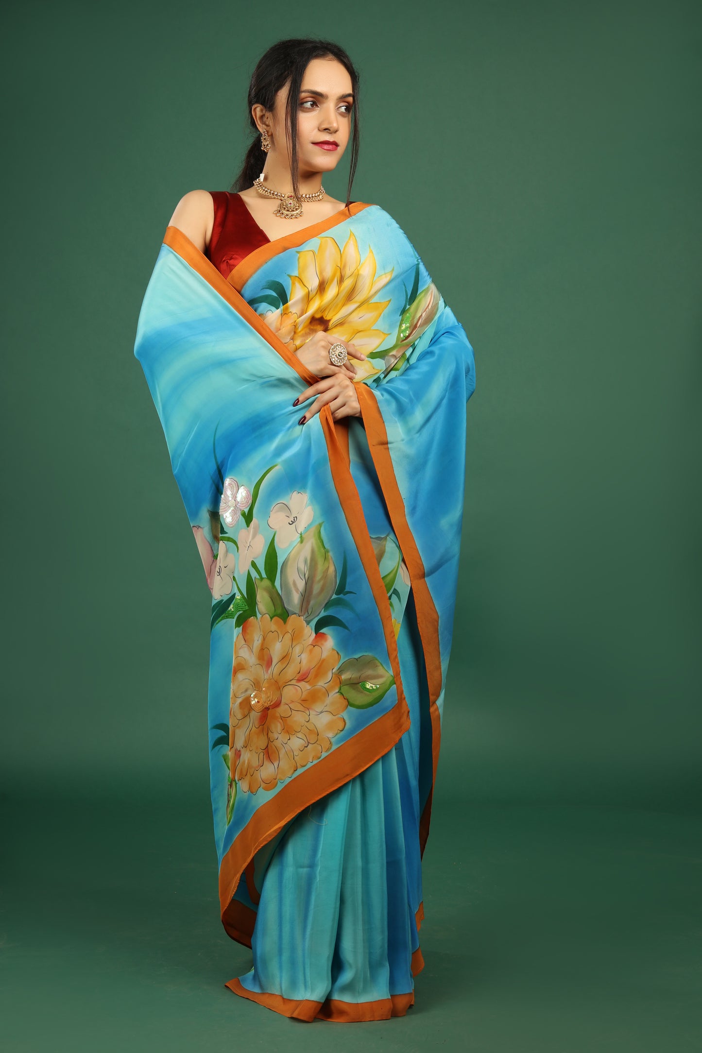 Turquoise Hand Painted Silk Crepe Saree