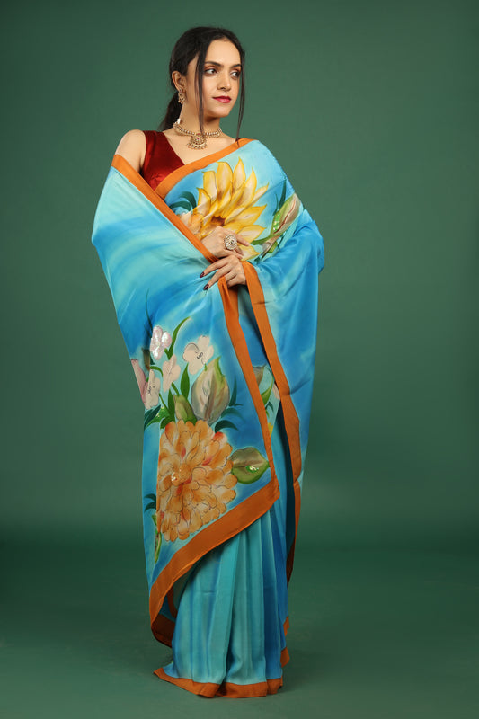 Turquoise Hand Painted Silk Crepe Saree