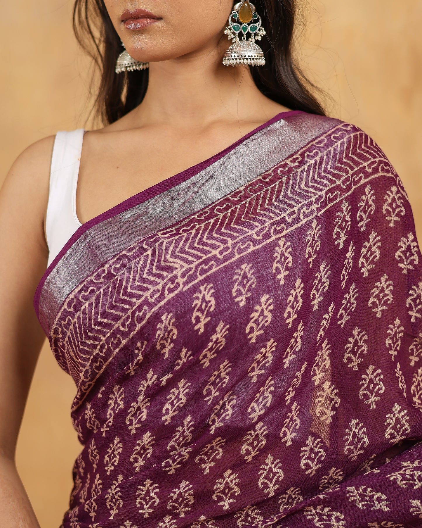 linen hand block hand printed saree