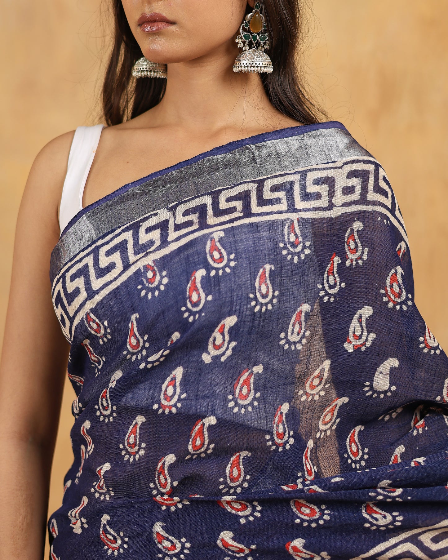 linen hand block hand printed saree