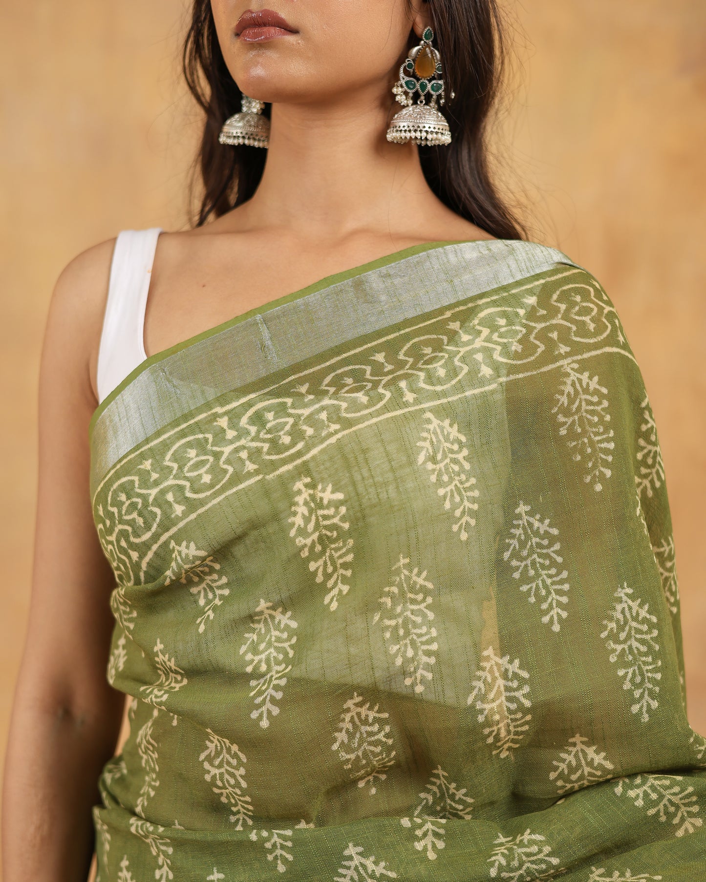linen hand block hand printed saree