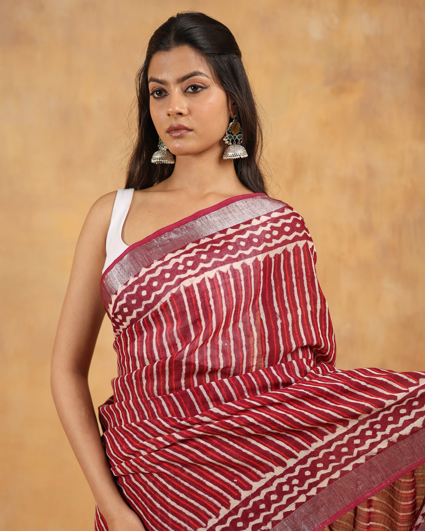 linen hand block hand printed saree