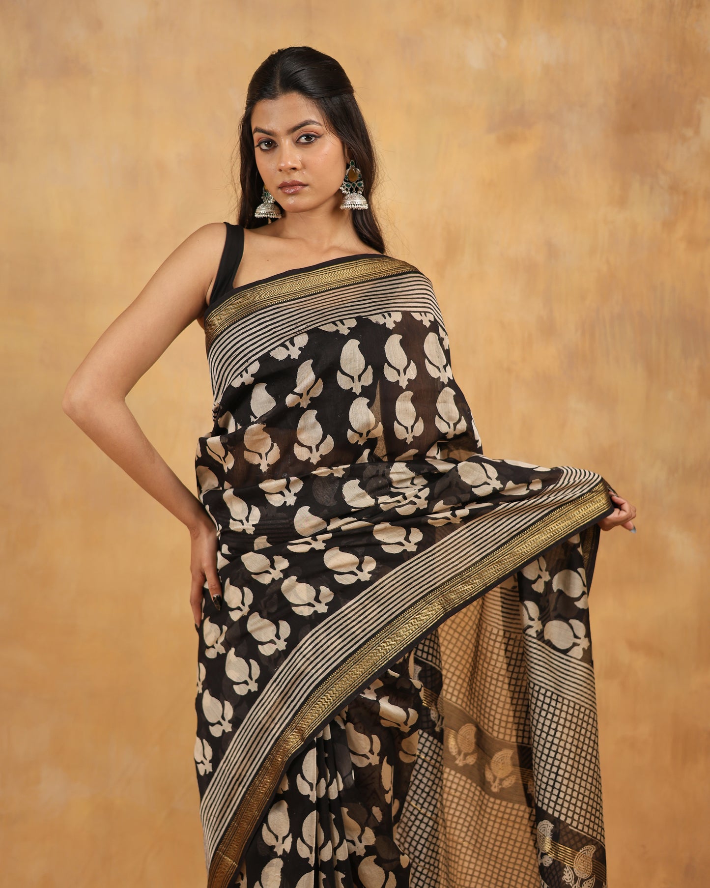 maheswari silk hand block printed saree