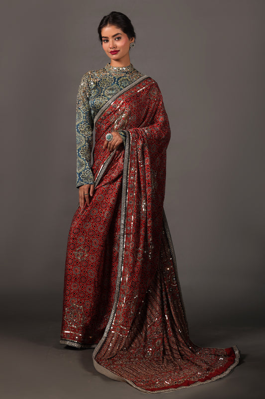 Ajrakh Hand Embroided Modal Silk Saree with Contrasting Blouse Set