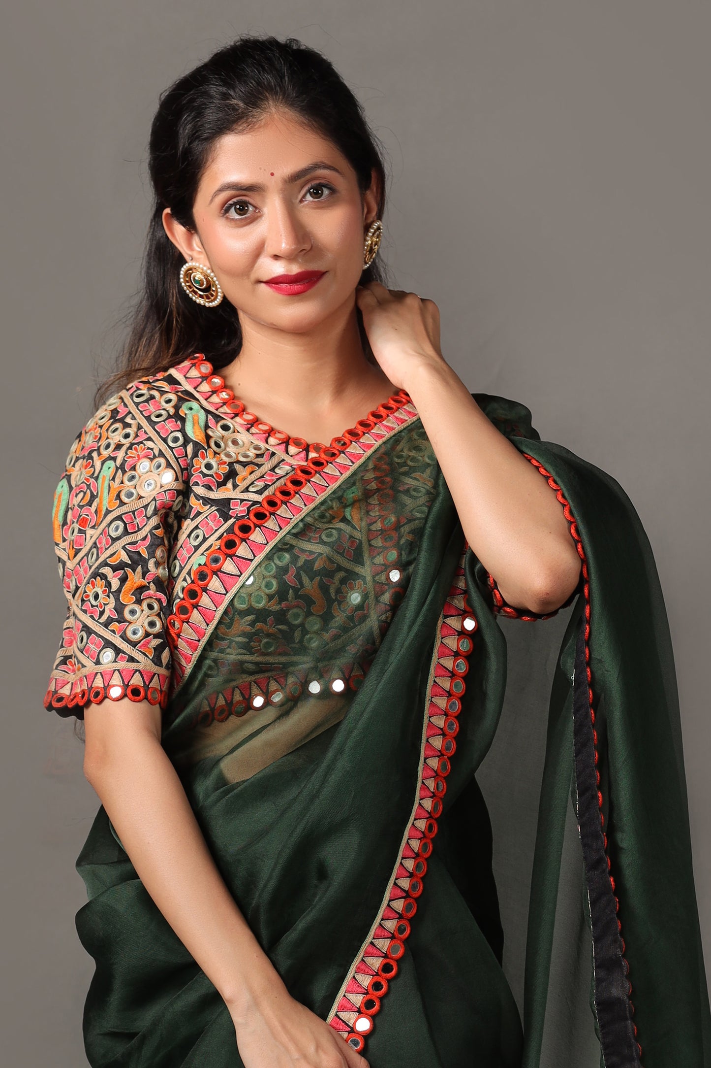 Moss Green Pure Silk Orzanga Saree with Hand Embroidery & Hand embroided Raw Silk Blouse