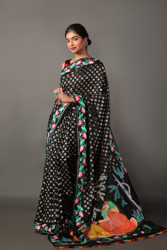 Handwoven Pure Katan Silk Banarasi Saree with Pichwai Art
