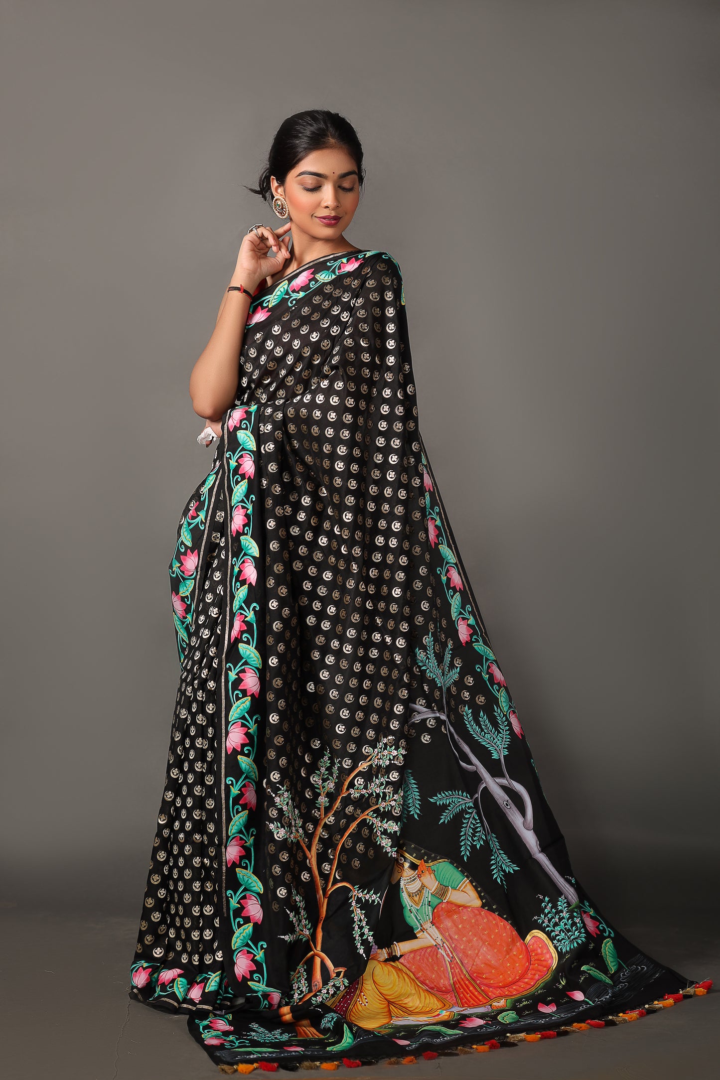 Handwoven Pure Katan Silk Banarasi Saree with Pichwai Art