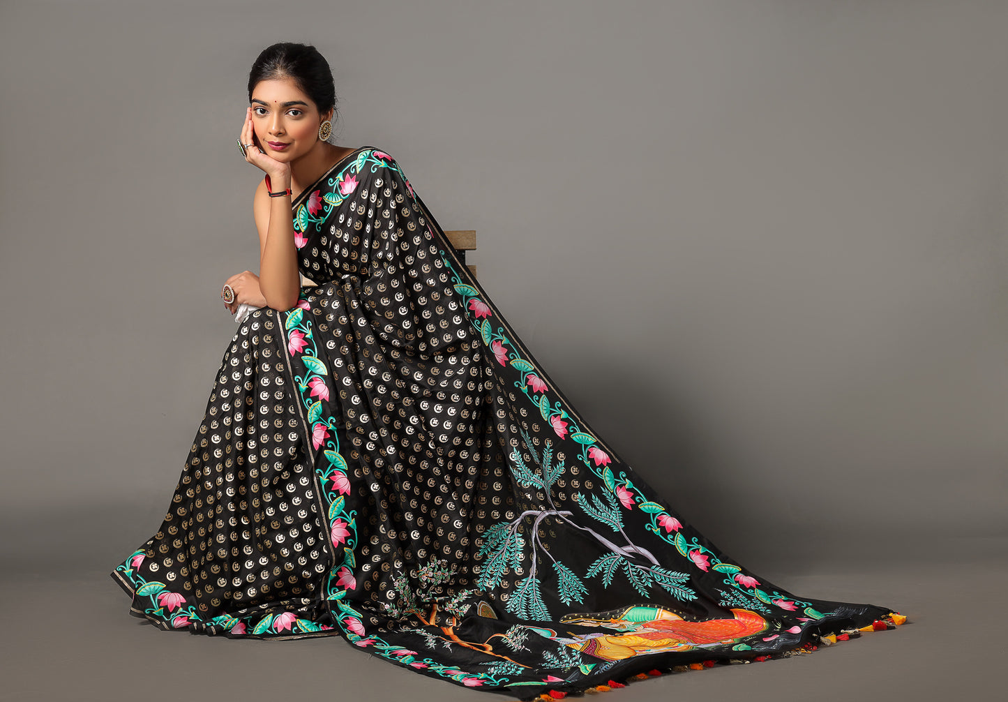 Handwoven Pure Katan Silk Banarasi Saree with Pichwai Art