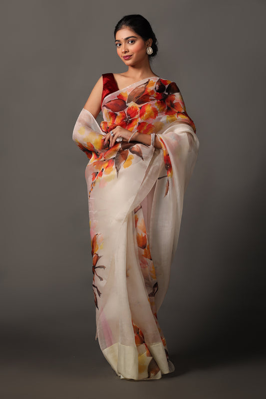 Off-White Mulberry Silk Organzga Saree