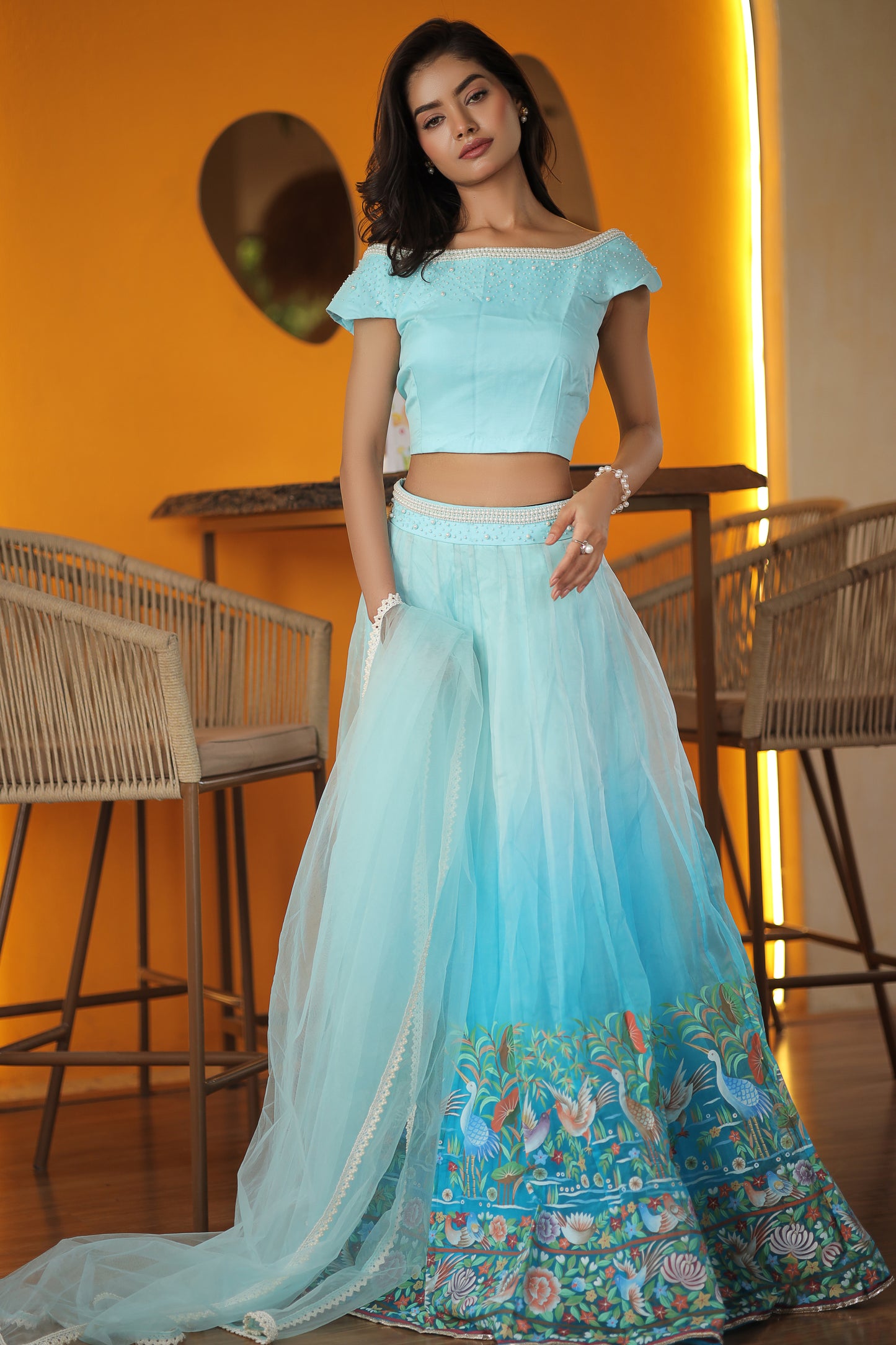 Hand-Painted Silk Organza Lehenga with Embroidered Blouse