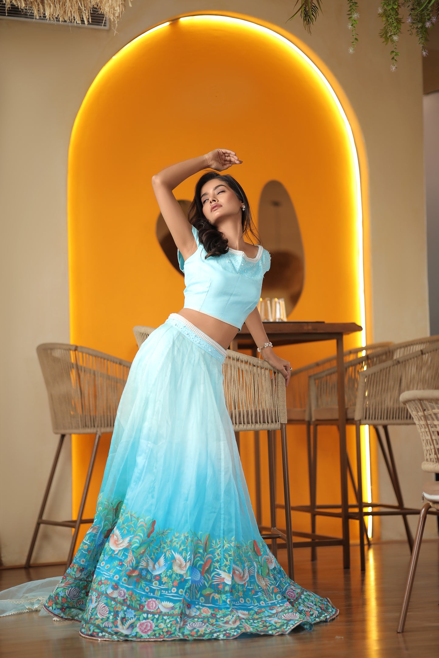 Hand-Painted Silk Organza Lehenga with Embroidered Blouse