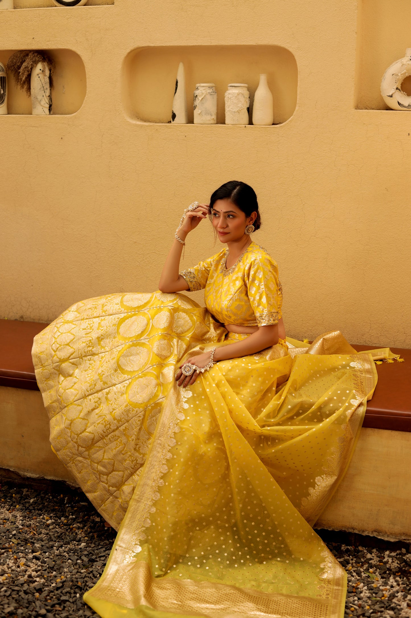 Turmeric Yellow Benarsi Organza Lehenga Set with Hand Embroidery