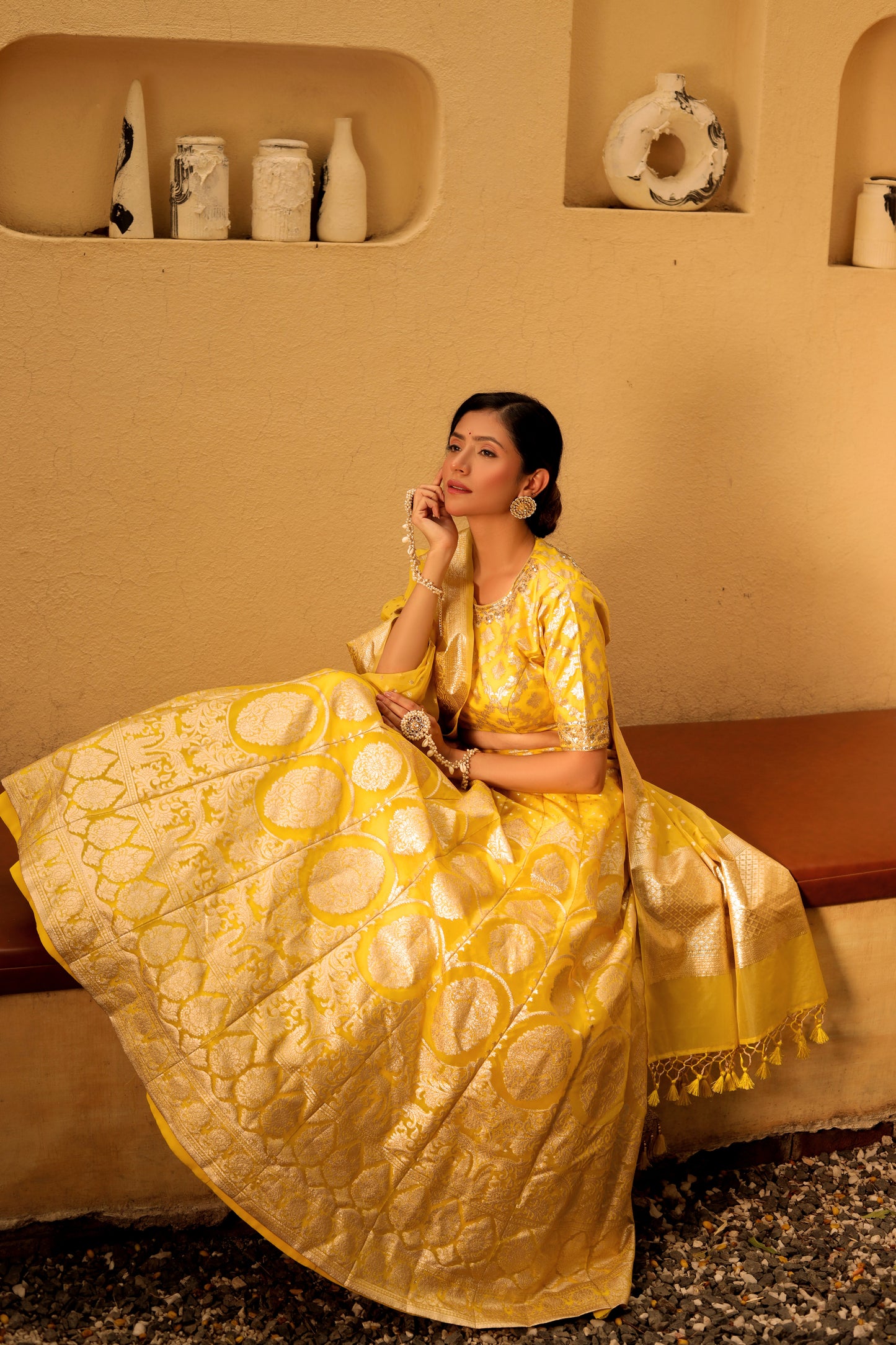 Turmeric Yellow Benarsi Organza Lehenga Set with Hand Embroidery