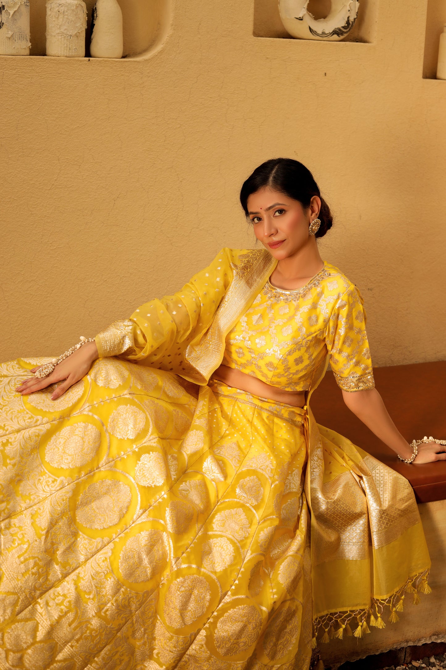 Turmeric Yellow Benarsi Organza Lehenga Set with Hand Embroidery