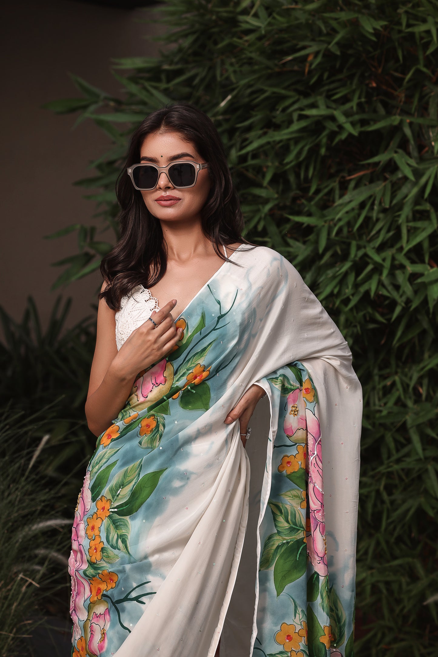 Off-White Mulberry Silk Crepe Saree