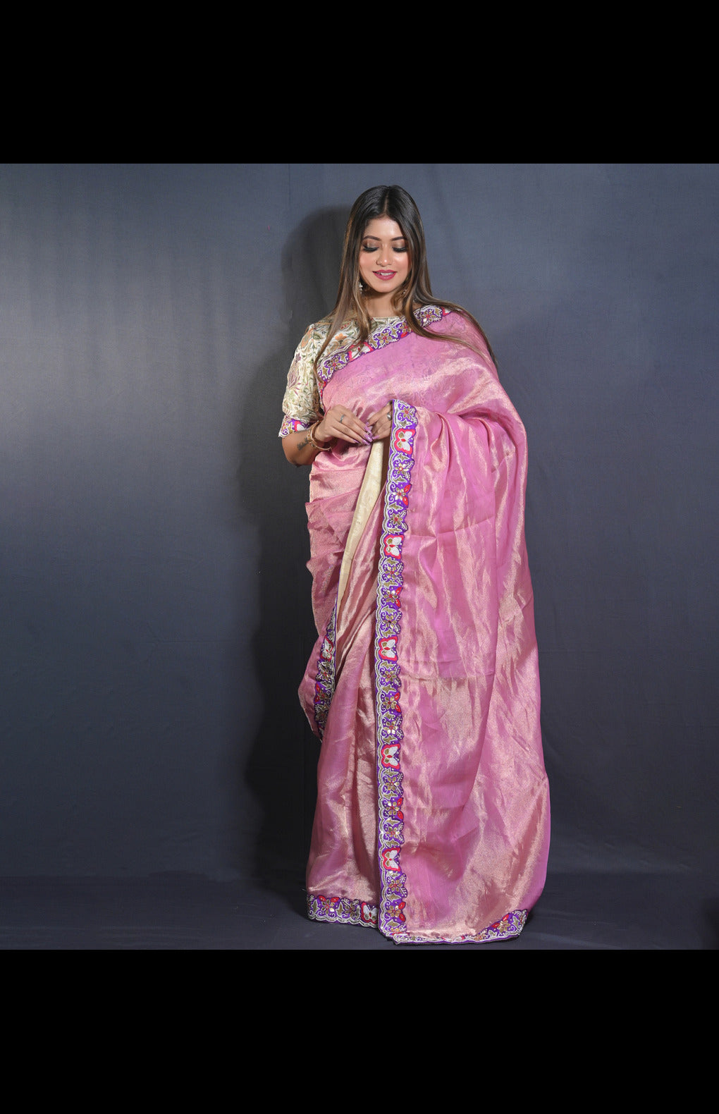 Banarasi Silk Tissue Saree with Hand-Embroidered Borders and Kimkhaab Blouse