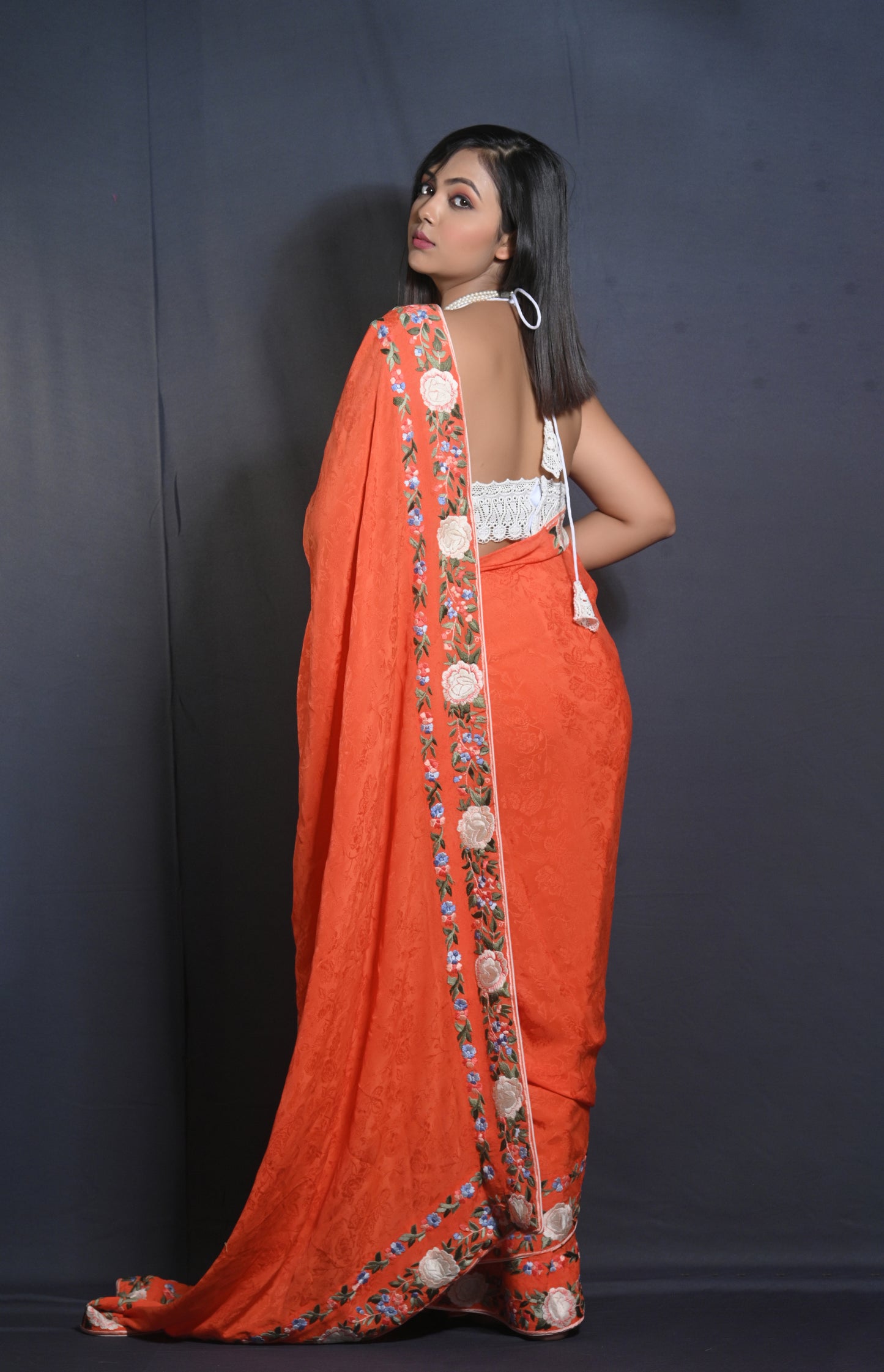 Handcrafted Crepe Saree with Floral Parsi Gara Embroidered Border