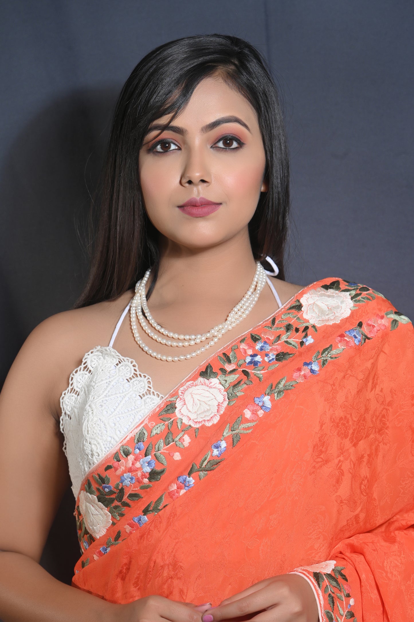 Handcrafted Crepe Saree with Floral Parsi Gara Embroidered Border