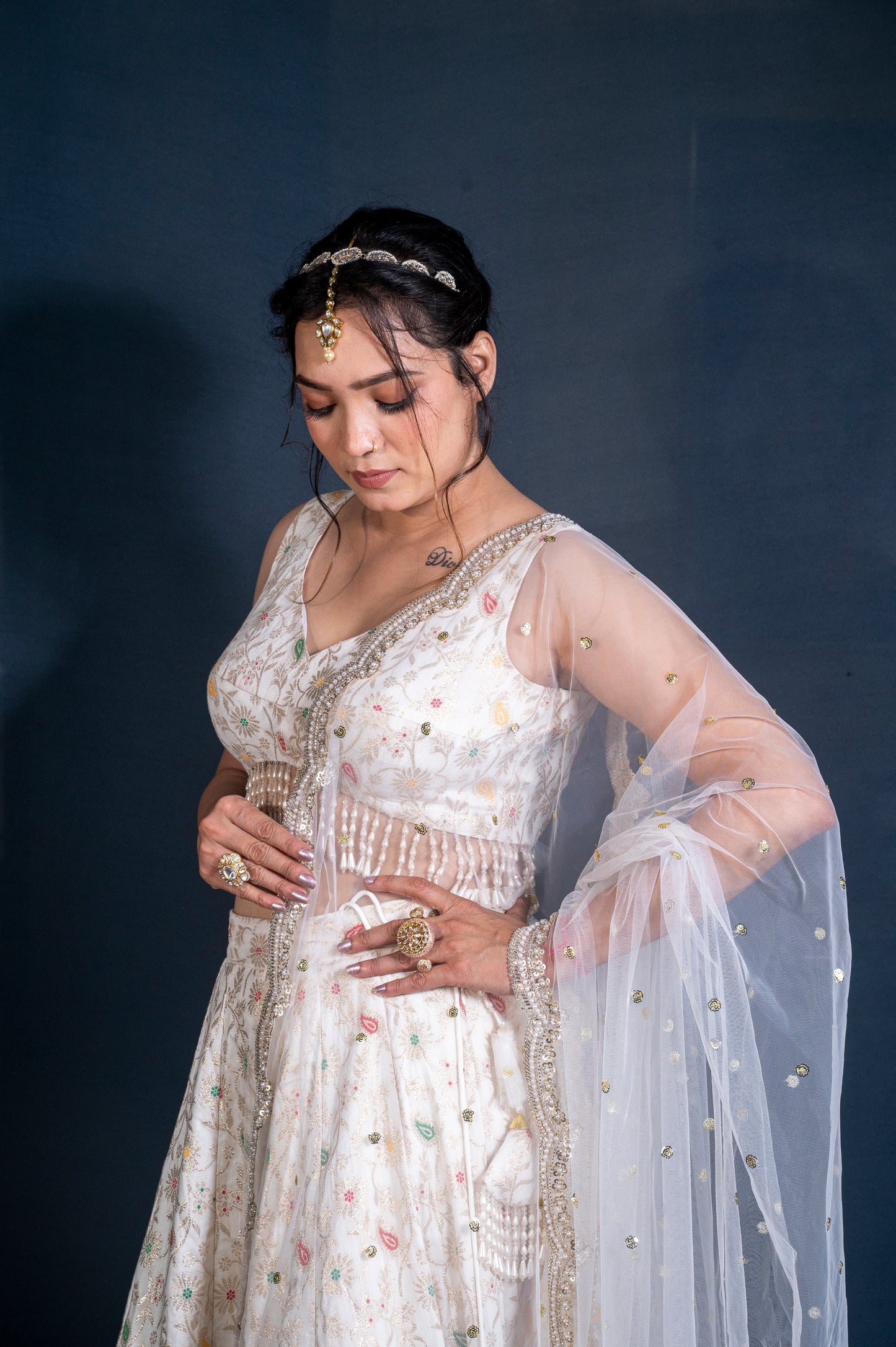 Dola silk Banarasi Lehenga set with hand embroidered net dupatta