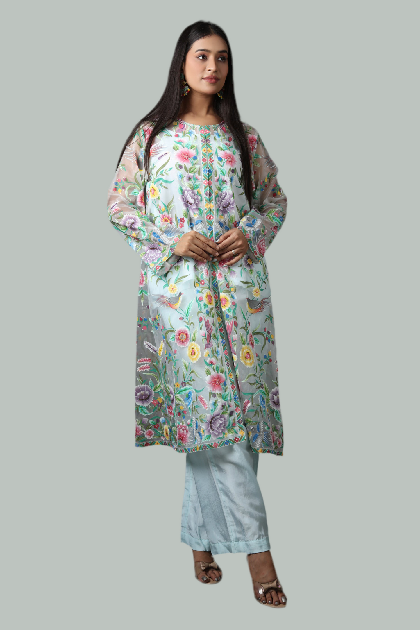 Sea Green Organza & Silk Jacket Set with Hand-Painted Parsi Gara Motifs.