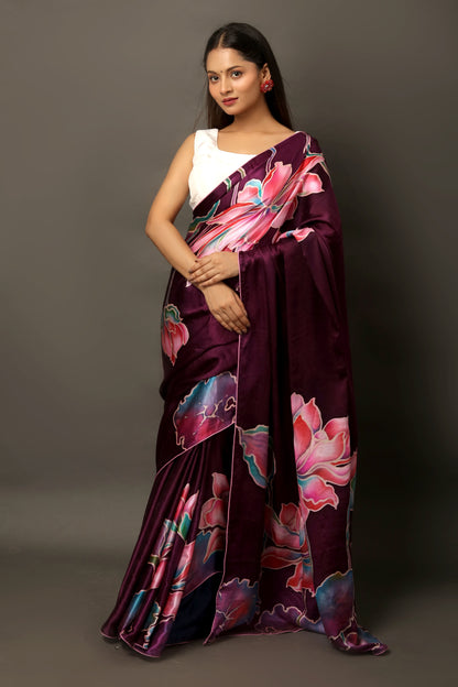 Dark Wine Mulberry Silk Satin Saree Set