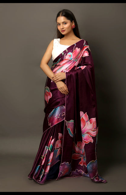 Hand-Painted Pure Mulberry Silk Satin Saree in Dark Wine