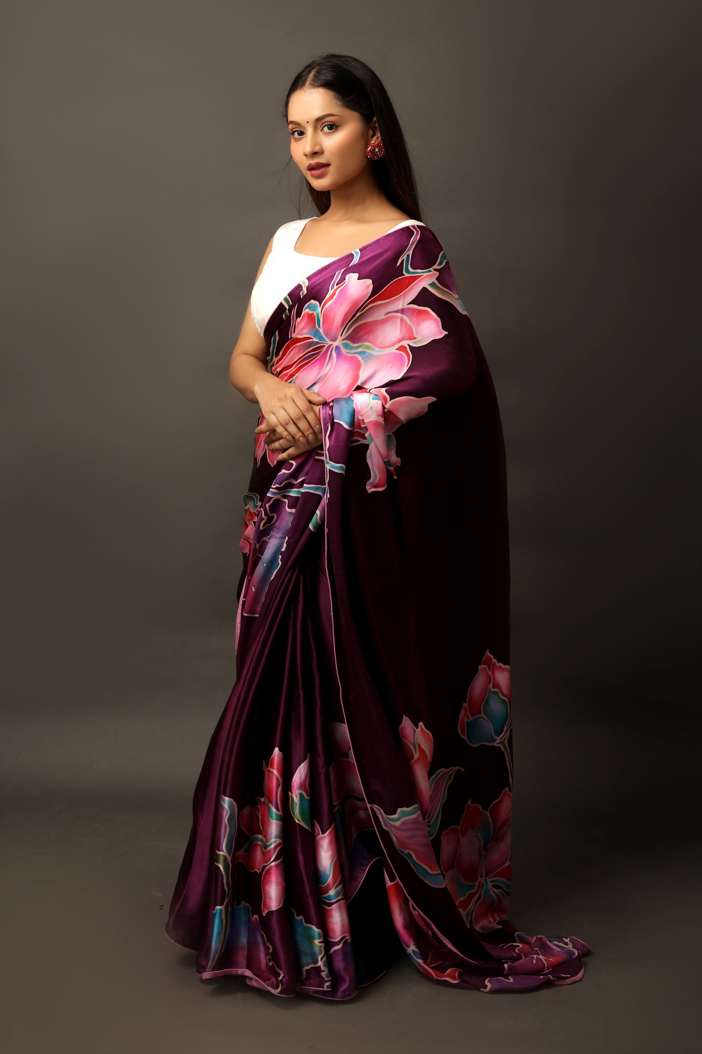 Dark Wine Malbari Silk Satin Saree Set