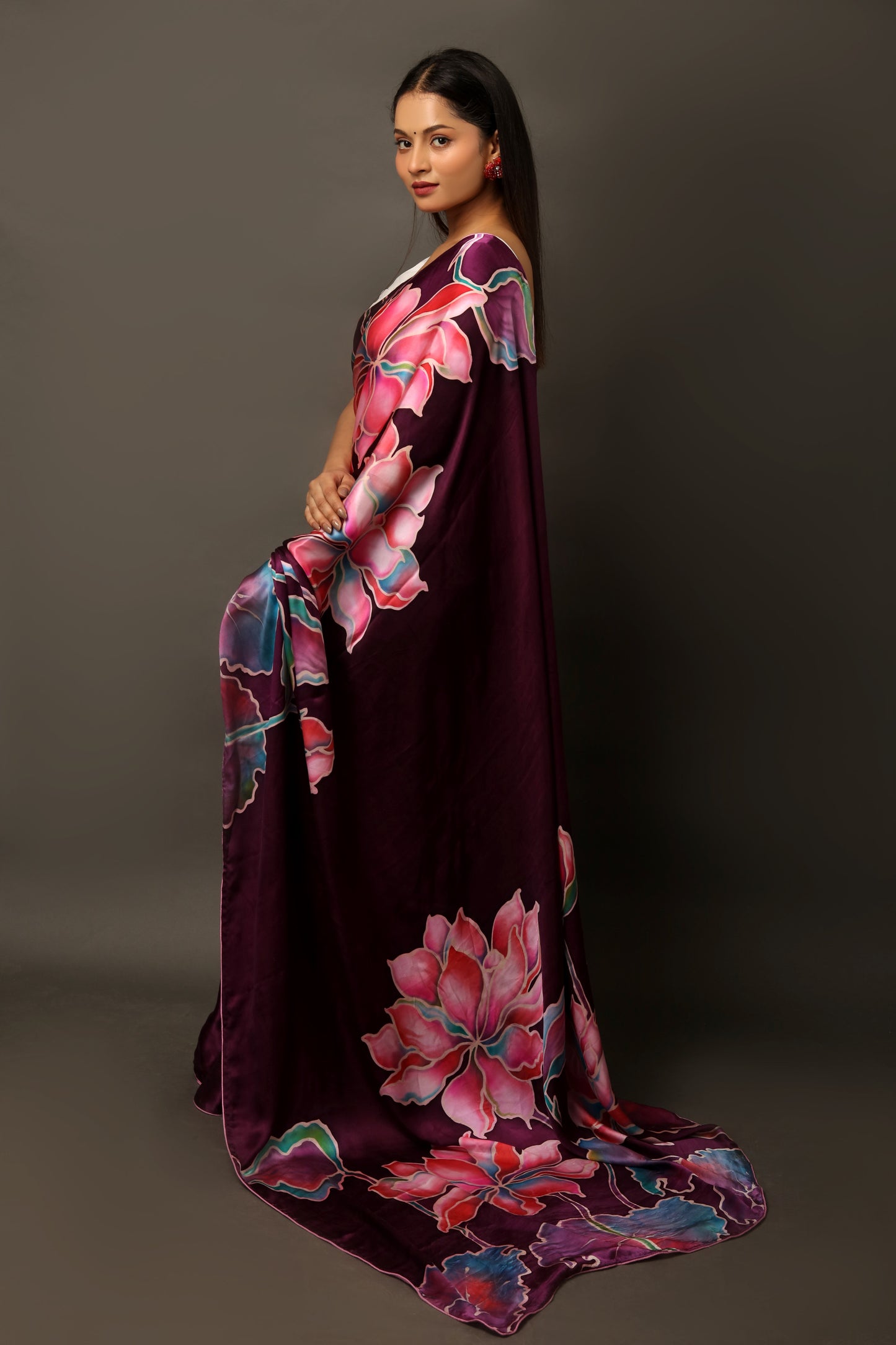 Dark Wine Malbari Silk Satin Saree Set