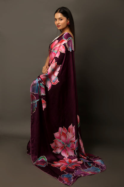 Dark Wine Mulberry Silk Satin Saree Set