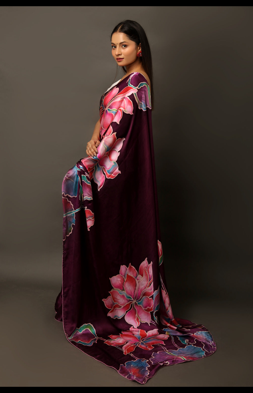 Hand-Painted Pure Mulberry Silk Satin Saree in Dark Wine