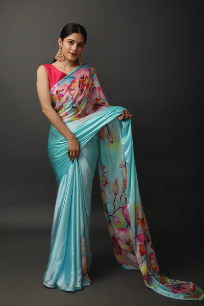 Light Turquoise Blue Mulberry Silk Satin Saree