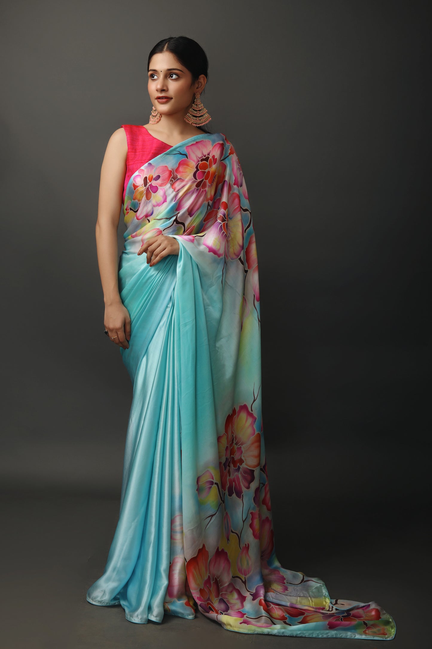 Light Turquoise Blue Malbari Silk Satin Saree