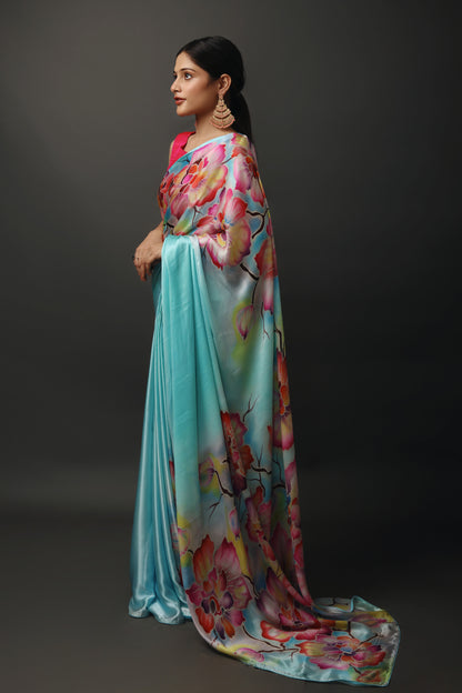 Light Turquoise Blue Mulberry Silk Satin Saree