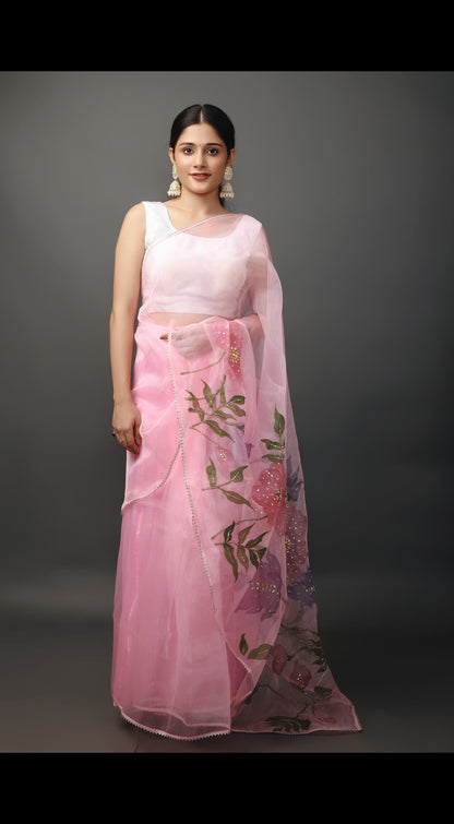 Hand-Painted and Embroidered Pink Organza Saree